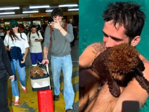 Shawn Mendes carrega cadelinha que Bruna Marquezine adotou com João Guilherme